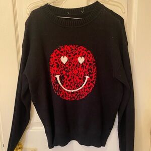 Womens Small Smiley Faced Heart Black and Red Sweater